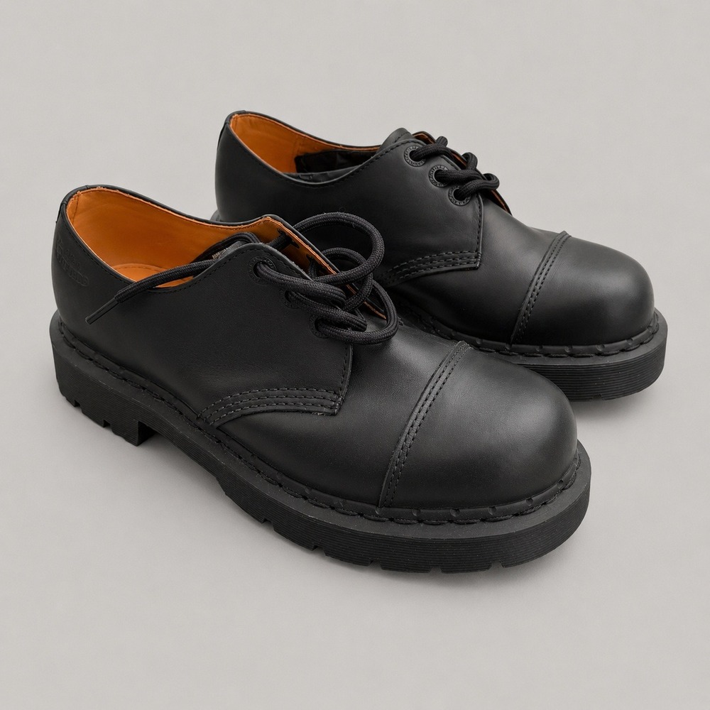 Dr Martens Black Leather Cap Toe Lug Sole Oxford Shoes Mens 7 Womens 8 DEADSTOCK